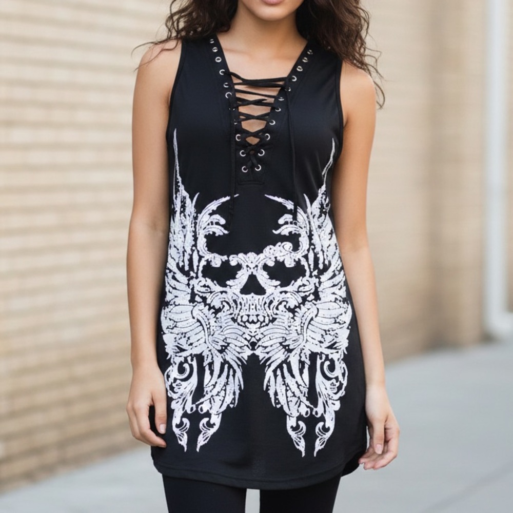 Y2K Black and White Lace-Up Tank Top Angel and skull print